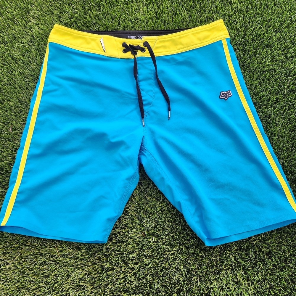 Fox Racing Men's Blue and Yellow Swim Shorts Size 32 Boardshorts Tie String